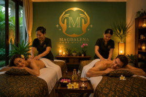 Couple enjoying relaxing home massage service in a private Bali villa with professional therapists