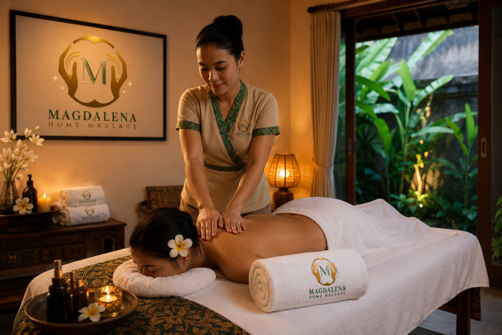 Professional therapist providing a relaxing home massage session in a Bali villa with Magdalena Home Massage branding